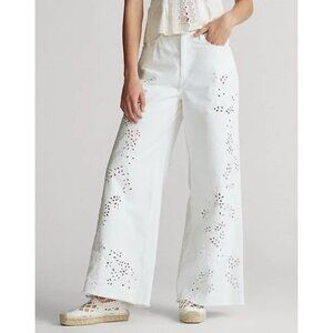 NWT Lauren Ralph Lauren white denim high rise cropped wide leg eyelet jeans, 8